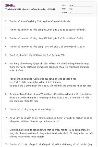 Tìm hai số khi biết tổng và hiệu Toán 4 cực hay có lời giải