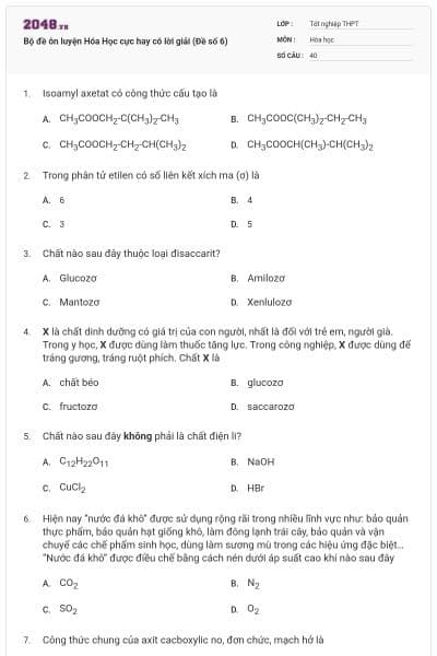 Bộ đề ôn luyện Hóa Học cực hay có lời giải (Đề số 6)