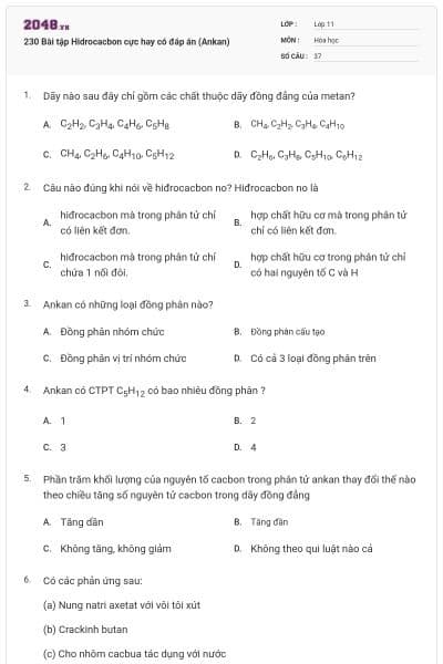 230 Bài tập Hidrocacbon cực hay có đáp án (Ankan)