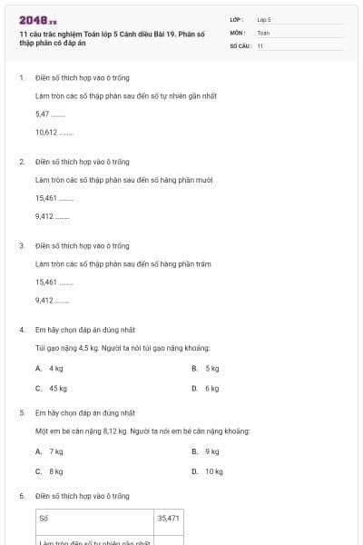 11 câu trắc nghiệm Toán lớp 5 Cánh diều Bài 19. Phân số thập phân có đáp án