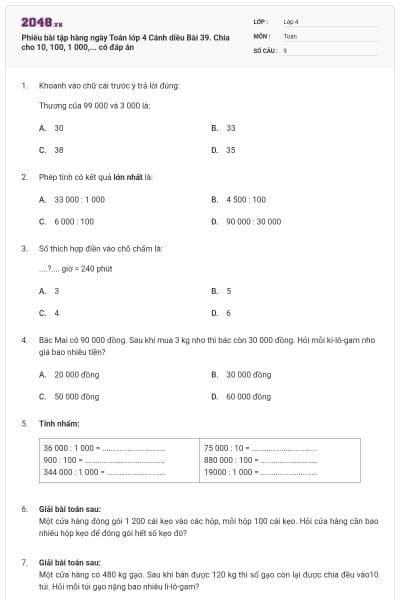 Phiếu bài tập hàng ngày Toán lớp 4 Cánh diều Bài 39. Chia cho 10, 100, 1 000,... có đáp án