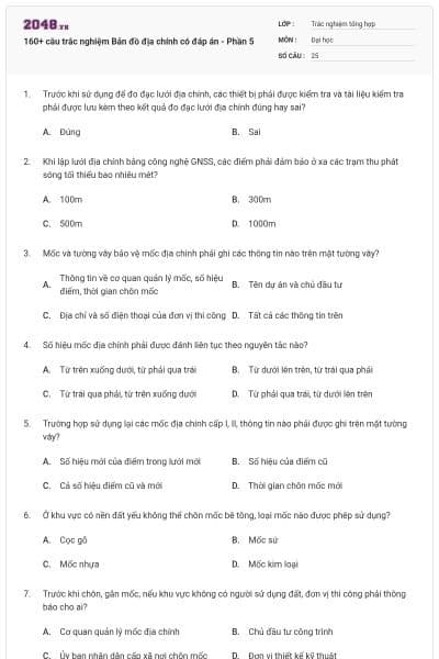 160+ câu trắc nghiệm Bản đồ địa chính có đáp án - Phần 5