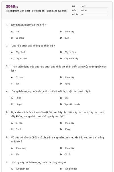 Trắc nghiệm Sinh 6 Bài 18 (có đáp án) : Biến dạng của thân