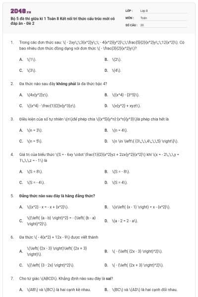 Bộ 5 đề thi giữa kì 1 Toán 8 Kết nối tri thức cấu trúc mới có đáp án - Đề 2