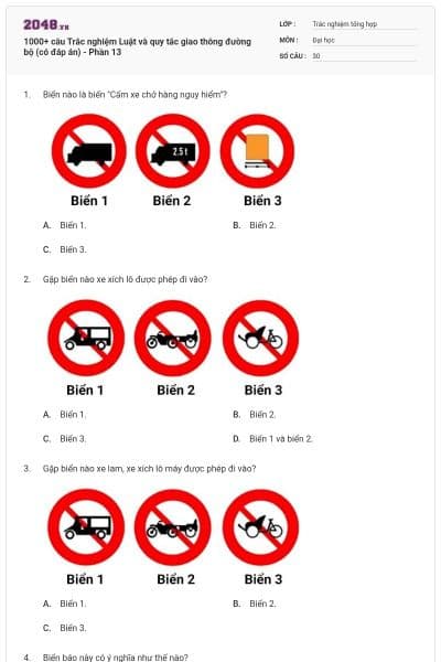 1000+ câu Trắc nghiệm Luật và quy tắc giao thông đường bộ (có đáp án) - Phần 13