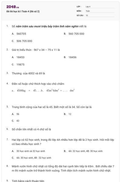 Đề thi học kì I Toán 4 (Đề số 2)