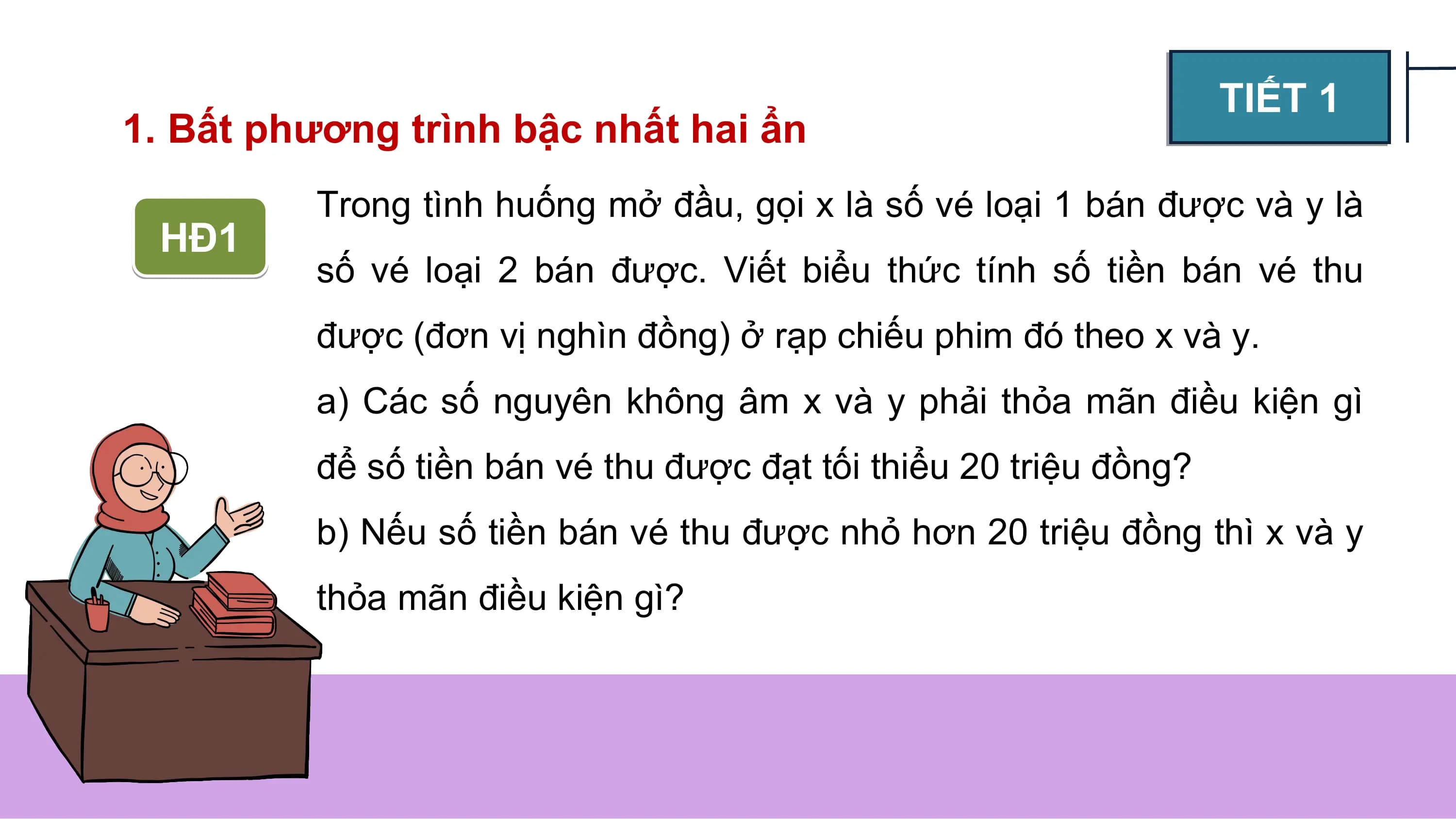 TIẾT 1
1. Bất phương trình bậc nhất hai ẩn
Trong tình huống mở đầu, gọi x là số vé loại 1 bán được và y là
HĐ1
số vé loại 2 bán được. Viết biểu thức tính số tiền bán vé thu
được (đơn vị nghìn đồng) ở rạp chiếu phim đó theo x và y.
a) Các số nguyên không âm x và y phải thỏa mãn điều kiện gì
để số tiền bán vé thu được đạt tối thiểu 20 triệu đồng?
b) Nếu số tiền bán vé thu được nhỏ hơn 20 triệu đồng thì x và y
thỏa mãn điều kiện gì?