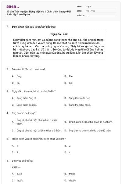 10 câu Trắc nghiệm Tiếng Việt lớp 1 Chân trời sáng tạo Bài 2: Ôn tập 2 có đáp án