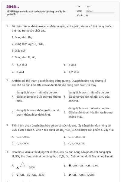 183 Bài tập andehit- axit cacboxylic cực hay có đáp án (phần 5)