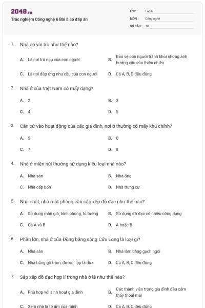 Trắc nghiệm Công nghệ 6 Bài 8 có đáp án