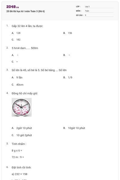 20 Đề thi học kì I môn Toán 3 (Đề 6)