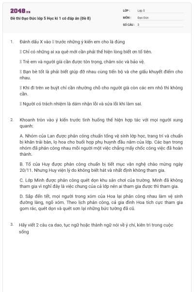 Đề thi Đạo Đức lớp 5 Học kì 1 có đáp án (Đề 8)