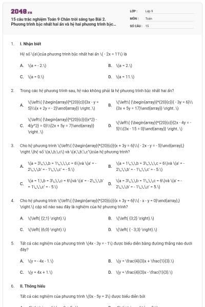 15 câu trắc nghiệm Toán 9 Chân trời sáng tạo Bài 2. Phương trình bậc nhất hai ẩn và hệ hai phương trình bậc nhất hai ẩn có đáp án