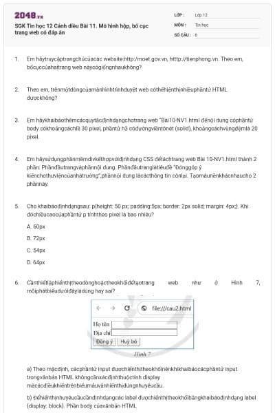 SGK Tin học 12 Cánh diều Bài 11. Mô hình hộp, bố cục trang web có đáp án