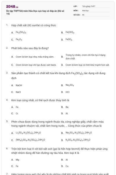 Ôn tập THPTGQ môn Hóa Học cực hay có đáp án (Đề số 16)