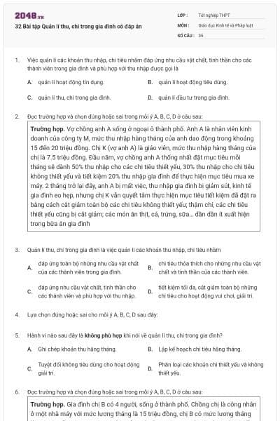 32 Bài tập Quản lí thu, chi trong gia đình có đáp án