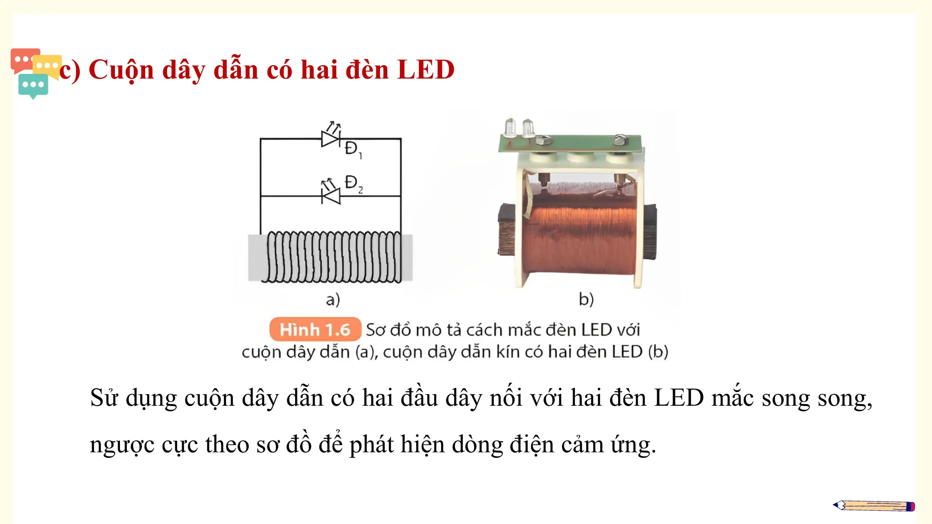 c) Cuộn dây dẫn có hai đèn LED

 Sử dụng cuộn dây dẫn có hai đầu dây nối với hai đèn LED mắc song song,
 ngược cực theo sơ đồ để phát hiện dòng điện cảm ứng.