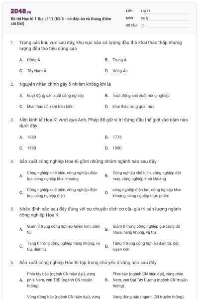 Đề thi Học kì 1 Địa Lí 11 (Đề 3 - có đáp án và thang điểm chi tiết)