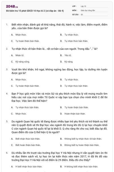 Đề kiểm tra 15 phút GDCD 10 Học kì 2 (có đáp án - Đề 4)