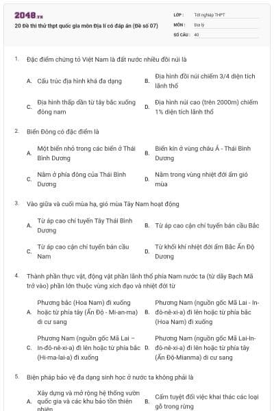 20 Đề thi thử thpt quốc gia môn Địa lí có đáp án (Đề số 07)
