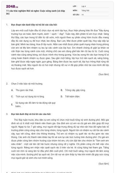 11 câu trắc nghiệm Nói và nghe: Cuộc sống xanh (có đáp án)