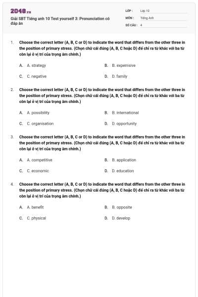 Giải SBT Tiếng anh 10 Test yourself 3: Pronunciation có đáp án