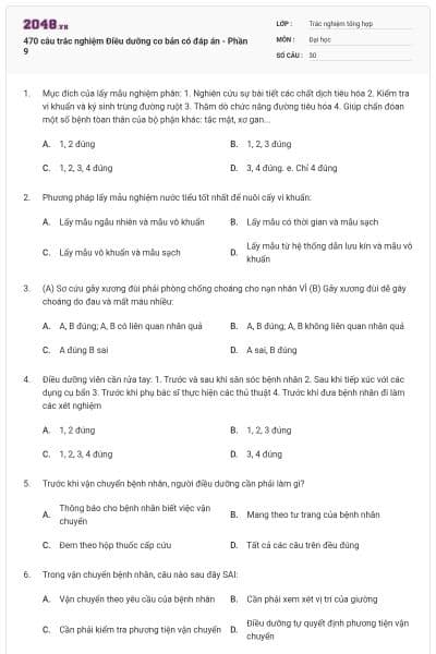 470 câu trắc nghiệm Điều dưỡng cơ bản có đáp án - Phần 9
