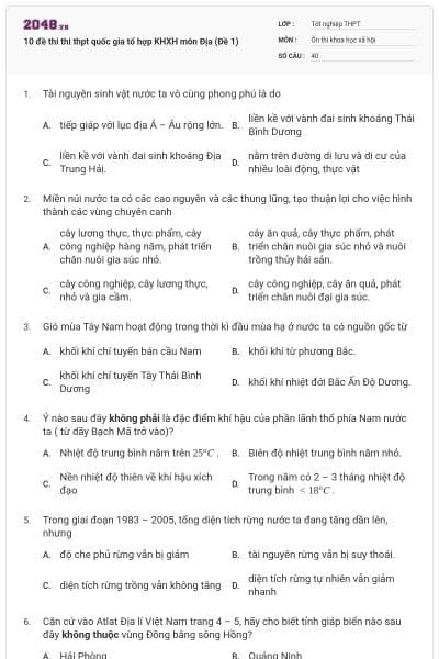 10 đề thi thi thpt quốc gia tổ hợp KHXH môn Địa (Đề 1)