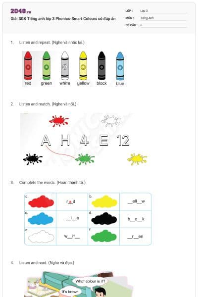 Giải SGK Tiếng anh lớp 3 Phonics-Smart Colours có đáp án
