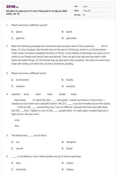 Đề kiểm tra giữa học kì 2 môn Tiếng Anh 8 có đáp án (Mới nhất)_ đề 16
