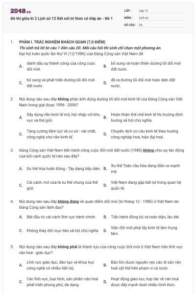 Đề thi giữa kì 2 Lịch sử 12 Kết nối tri thức có đáp án - Đề 1