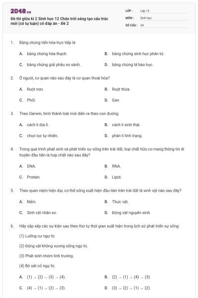 Đề thi giữa kì 2 Sinh học 12 Chân trời sáng tạo cấu trúc mới (có tự luận) có đáp án - Đề 2