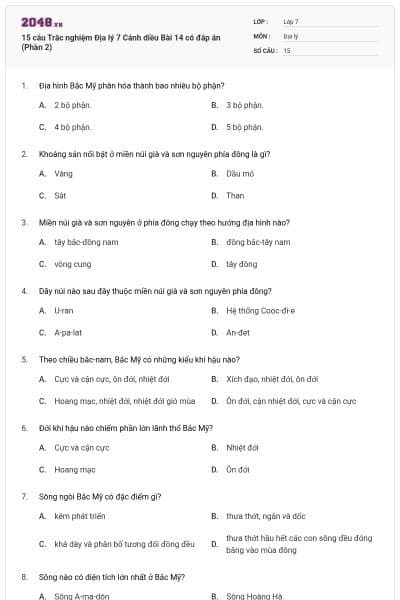 15 câu Trắc nghiệm Địa lý 7 Cánh diều Bài 14 có đáp án (Phần 2)