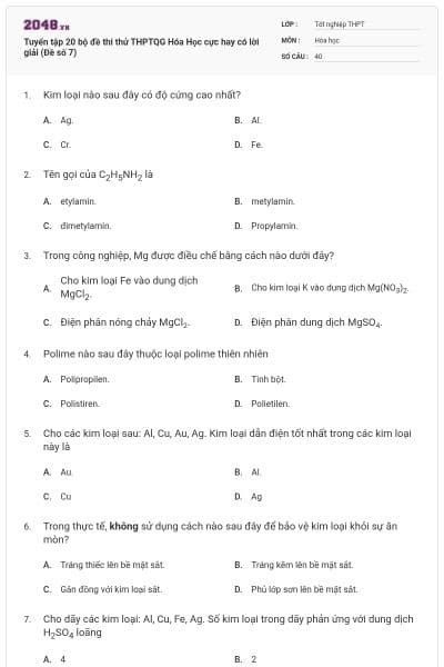 Tuyển tập 20 bộ đề thi thử THPTQG Hóa Học cực hay có lời giải (Đề số 7)