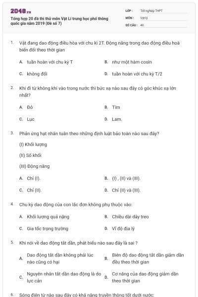 Tổng hợp 20 đề thi thử môn Vật Lí trung học phổ thông quốc gia năm 2019 (Đề số 7)