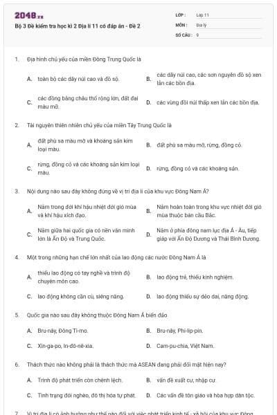 Bộ 3  Đề kiểm tra học kì 2 Địa lí 11 có đáp án - Đề 2