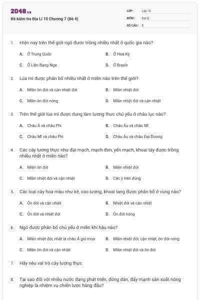 Đề kiểm tra Địa Lí 10 Chương 7 (Đề 4)