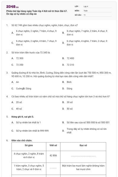 Phiếu bài tập hàng ngày Toán lớp 4 Kết nối tri thức Bài 67. Ôn tập số tự nhiên có đáp án