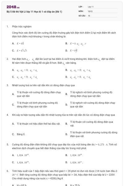 Bộ 5 Đề thi Vật Lí lớp 11 Học kì 1 có đáp án (Đề 1)