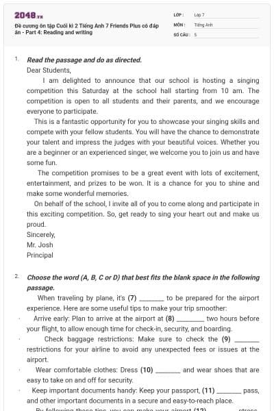 Đề cương ôn tập Cuối kì 2 Tiếng Anh 7 Friends Plus có đáp án -  Part 4: Reading and writing