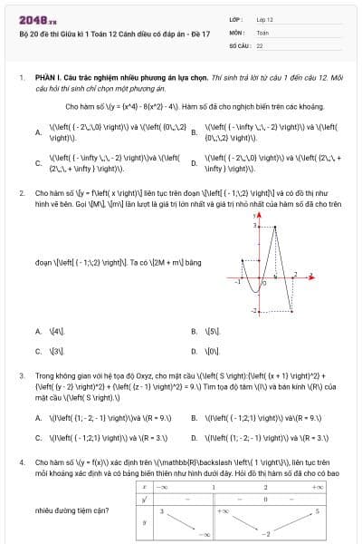 Bộ 20 đề thi Giữa kì 1 Toán 12 Cánh diều có đáp án - Đề 17