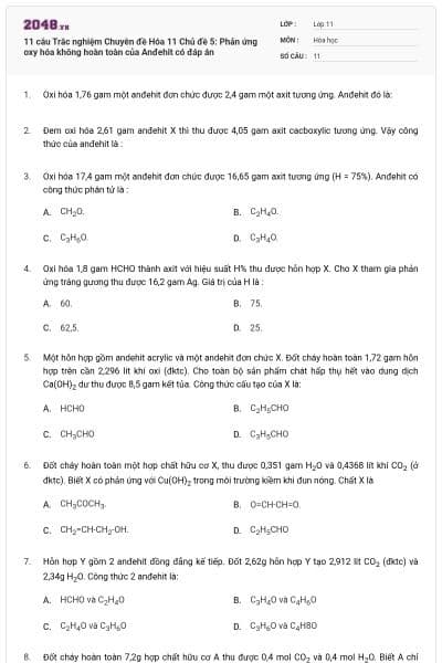 11 câu  Trắc nghiệm Chuyên đề Hóa 11 Chủ đề 5: Phản ứng oxy hóa không hoàn toàn của Anđehit có đáp án