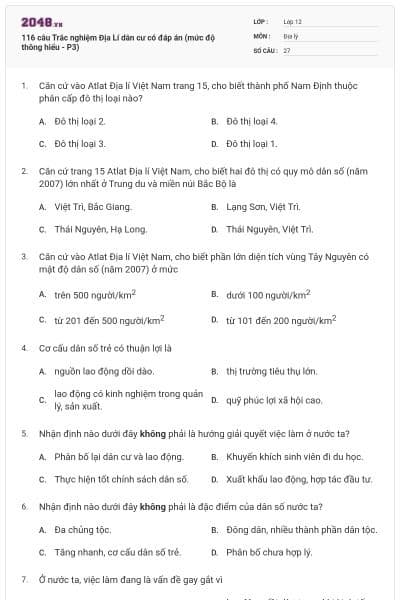 116 câu  Trắc nghiệm Địa Lí dân cư có đáp án (mức độ thông hiểu - P3)