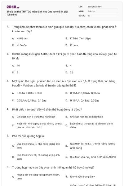 30 đề thi thử THPTQG môn Sinh học Cực hay có lời giải (Đề số 9)