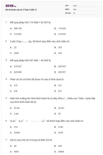 Đề thi khảo sát số 2 Toán 4 (Đề 1)