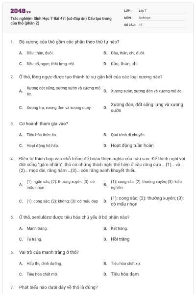 Trắc nghiệm Sinh Học 7 Bài 47: (có đáp án) Cấu tạo trong của thỏ (phần 2)