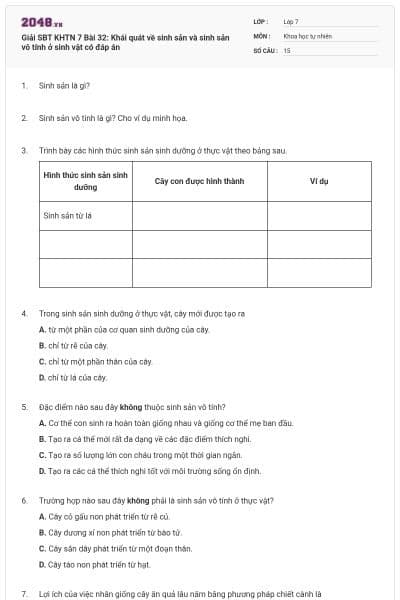 Giải SBT KHTN 7 Bài 32: Khái quát về sinh sản và sinh sản vô tính ở sinh vật có đáp án