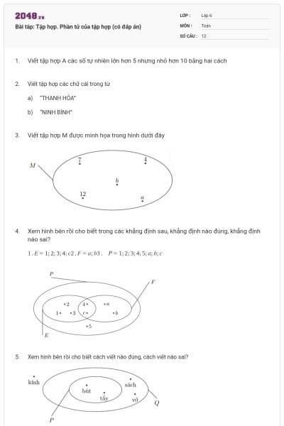 Bài tâp: Tập hợp. Phần tử của tập hợp (có đáp án)