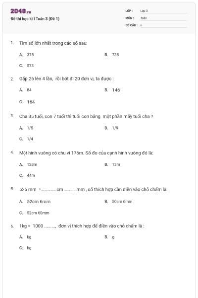 Đề thi học kì I Toán 3 (Đề 1)
