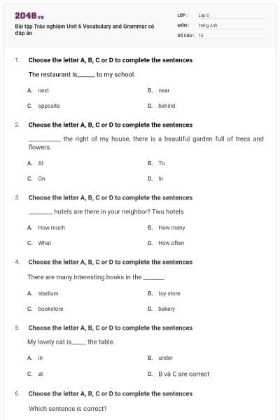 Bài tập Trắc nghiệm Unit 6 Vocabulary and Grammar có đáp án
